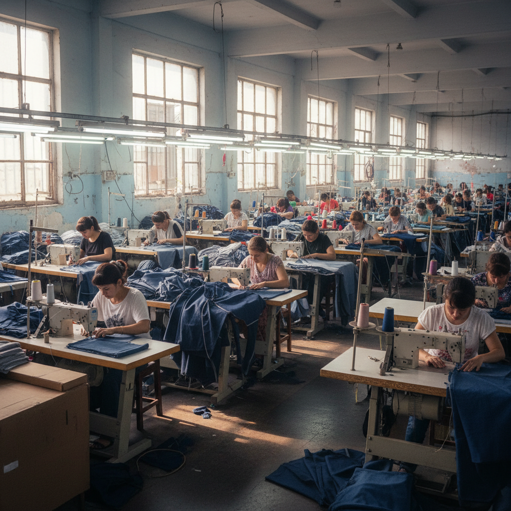 Garment workers in a textile factory in South Asia, rows of sewing machines
