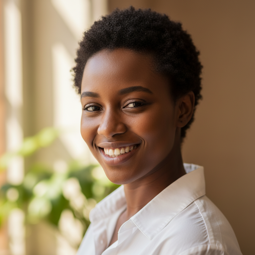 Kenyan woman smiling, professional headshot, natural background