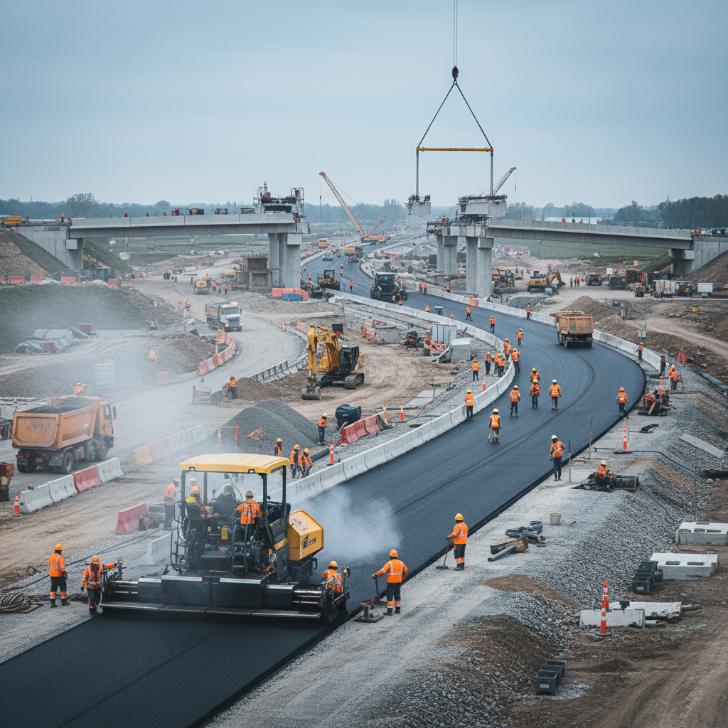 Road construction machinery laying asphalt on a new highway, workers in high-visibility vests, dim overcast light