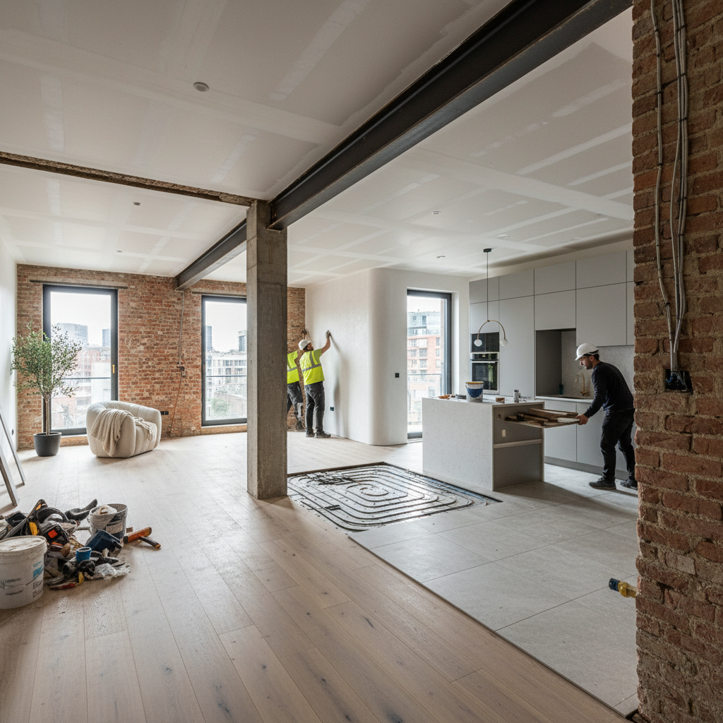 Interior renovation in progress, bright walls, tiling work, clean construction environment