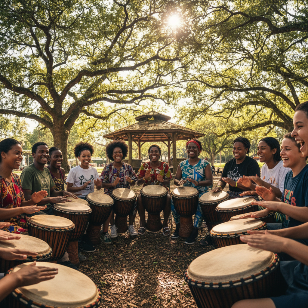 Children and adults playing djembe drums together in a circle, smiling and focused