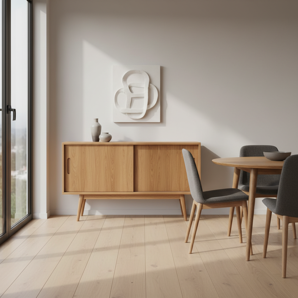 Vintage Danish teak sideboard with sliding doors and tapered legs in warm afternoon light