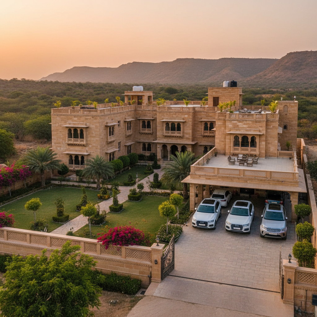 Luxury stone and glass villa with dramatic Taurus mountain backdrop, private pool, manicured Mediterranean garden and golden hour light