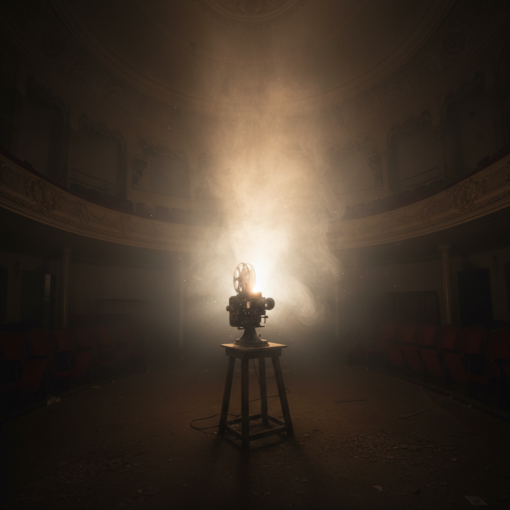 Dark cinema projector casting light through fog