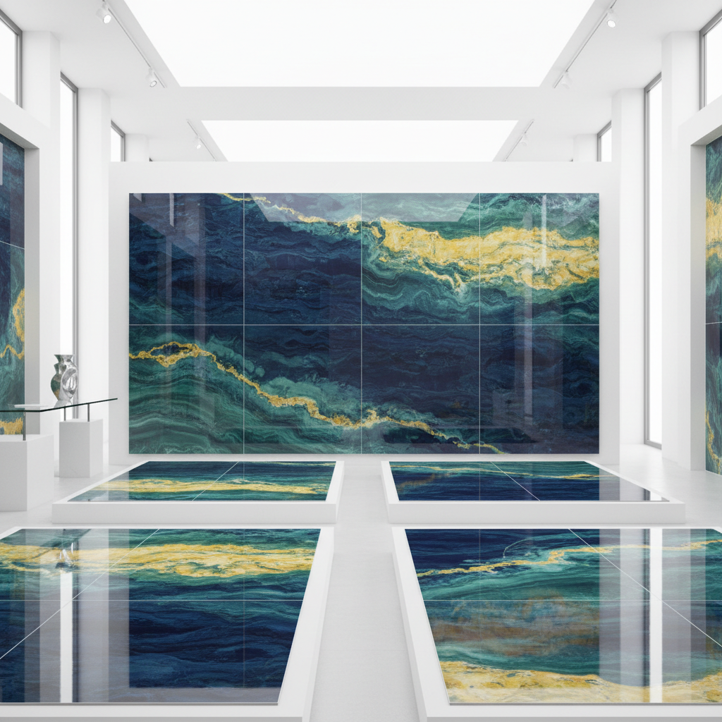 Clean bright showroom interior with tile samples displayed on white walls in well-lit open space