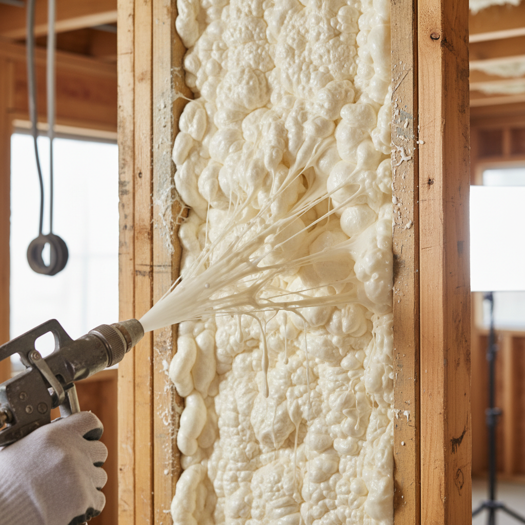 Spray foam insulation being applied to wall cavity, foam expanding rapidly from spray gun