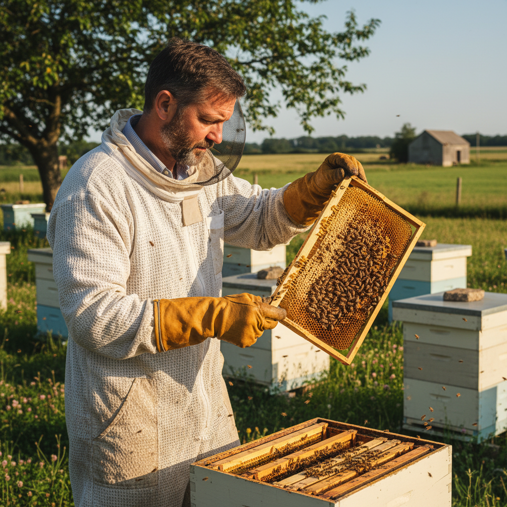 Beekeeper inspecting honeycomb frame in bright sunlight, bees visible on the comb