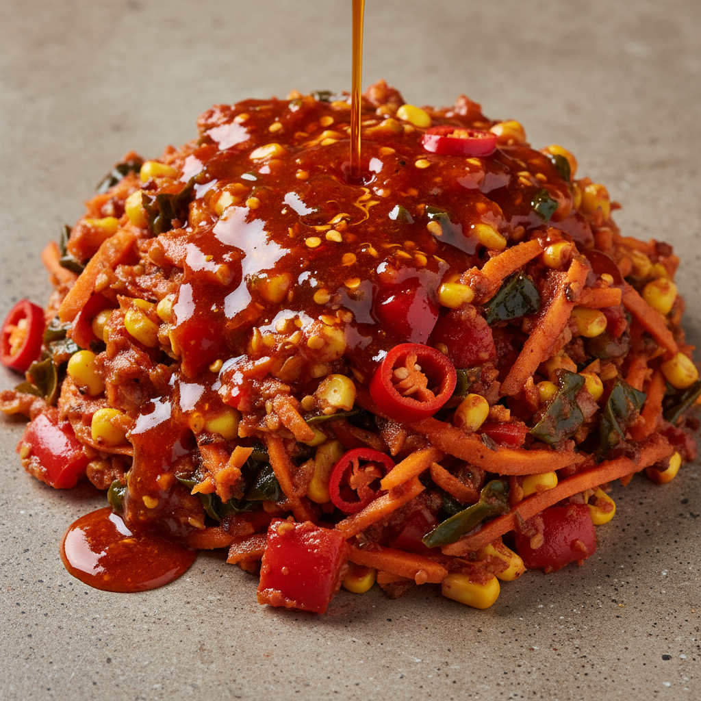 Macro close-up of chili oil glistening on chakalaka relish, red peppers and peri-peri sauce with intense colour