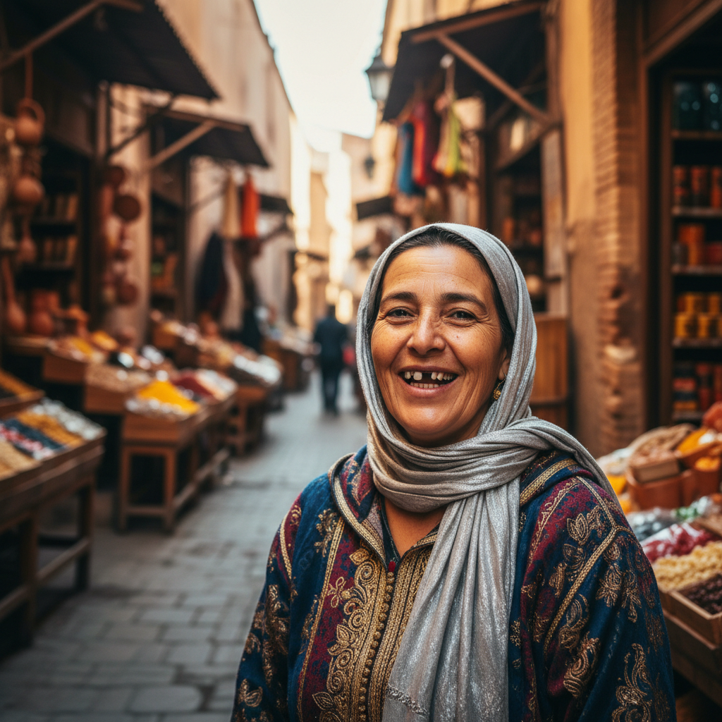 Rania in a Cairo souk wearing a teal headscarf and smiling