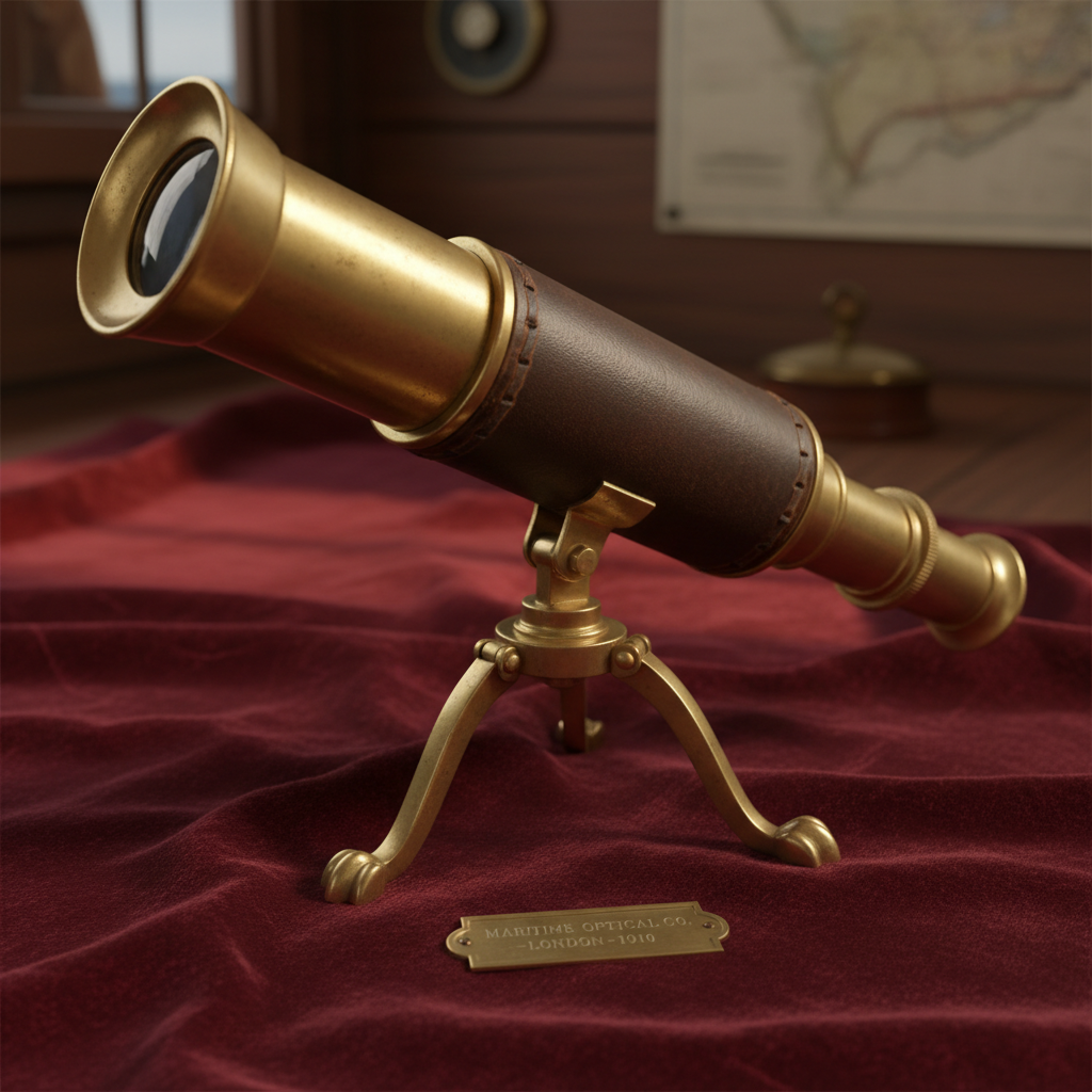 Antique brass telescope on velvet background — early 20th century maritime instrument