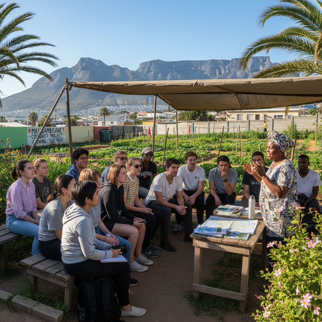 University students in discussion with local community leader during development tourism program in Cape Town