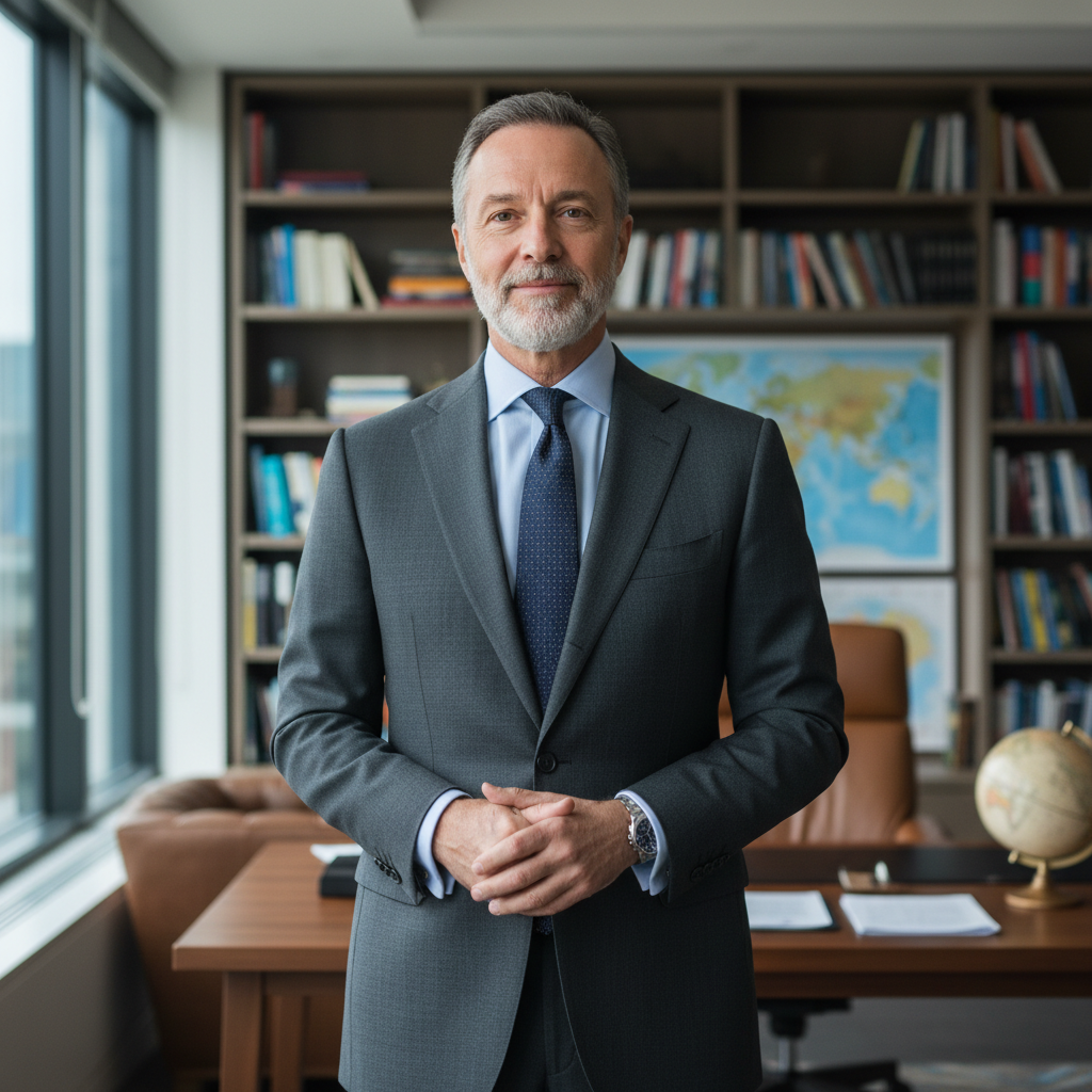 Distinguished man with gray hair in formal business attire in executive office
