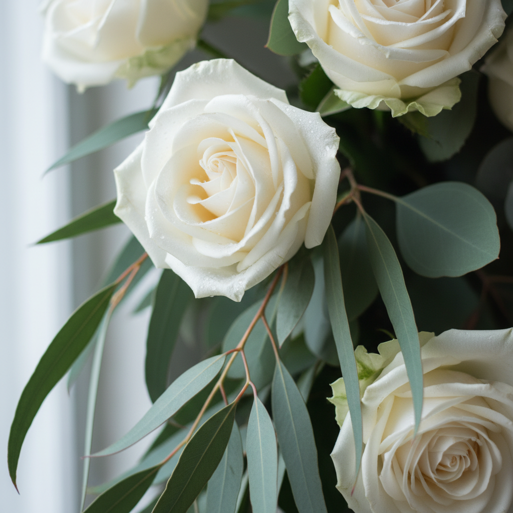 Close detail of white roses and trailing eucalyptus in a funeral arrangement, shallow depth of field