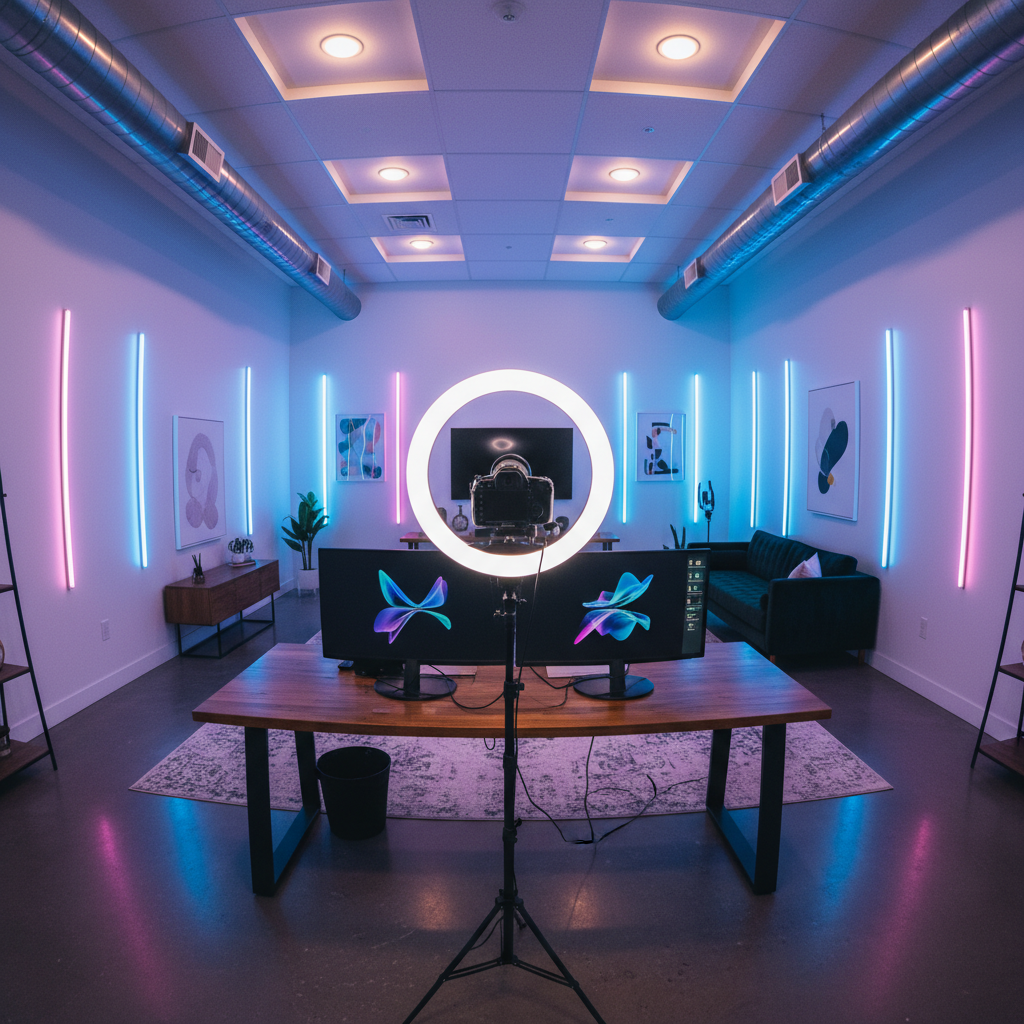 Creative studio with colorful lights for brand video