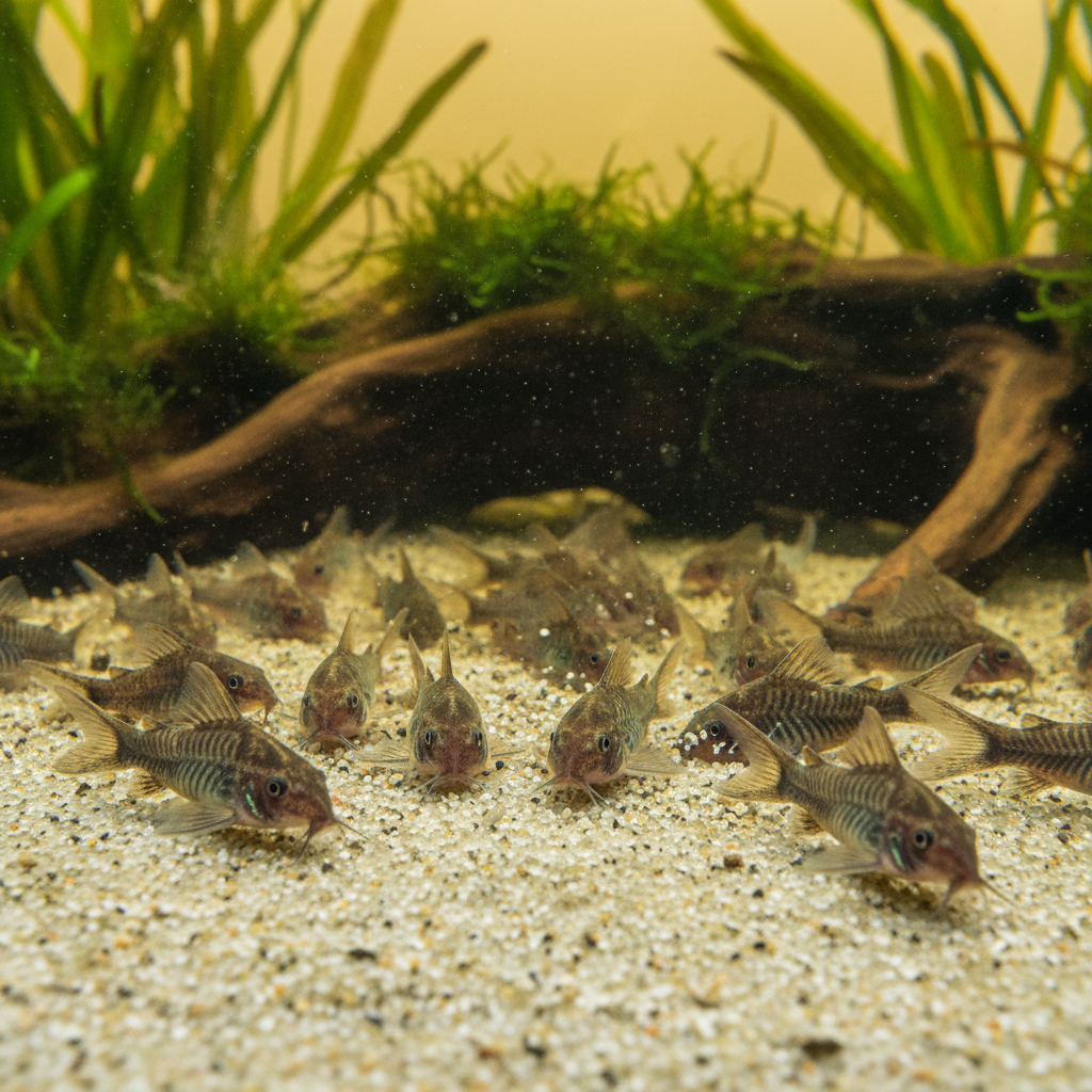School of corydoras catfish foraging along sandy substrate in a planted aquarium with driftwood