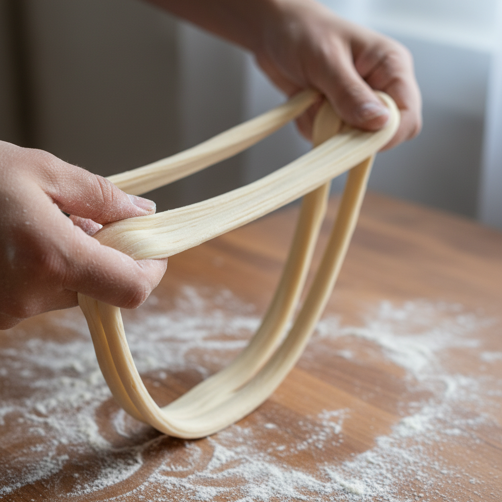 Hands stretching lagman noodle dough on a wooden table dusted with flour