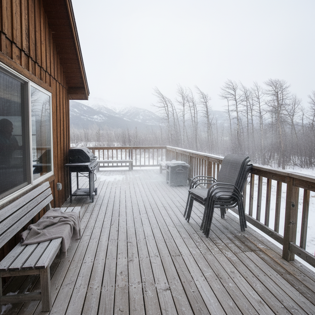 Open deck with no enclosure, exposed to Alberta wind and cold, unusable in shoulder seasons