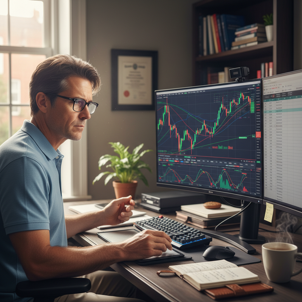 Ben W., swing trader with dark hair and glasses