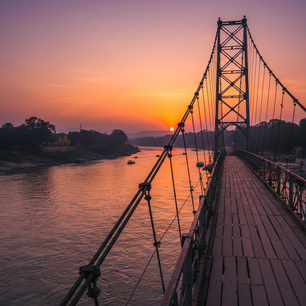 Laxman Jhula suspension bridge over Ganga river in Rishikesh at sunset
