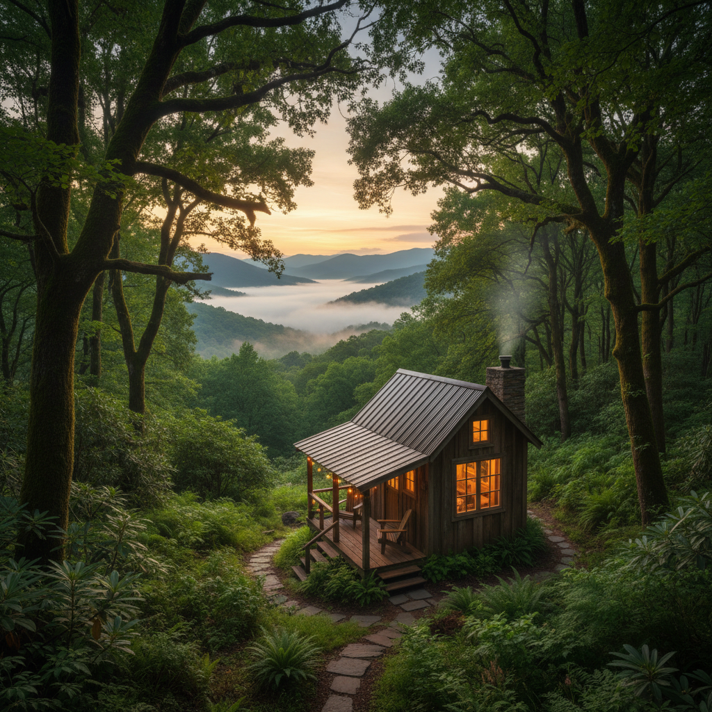 Tiny house nestled in blue ridge mountain forest, Asheville, evening mist on the hills