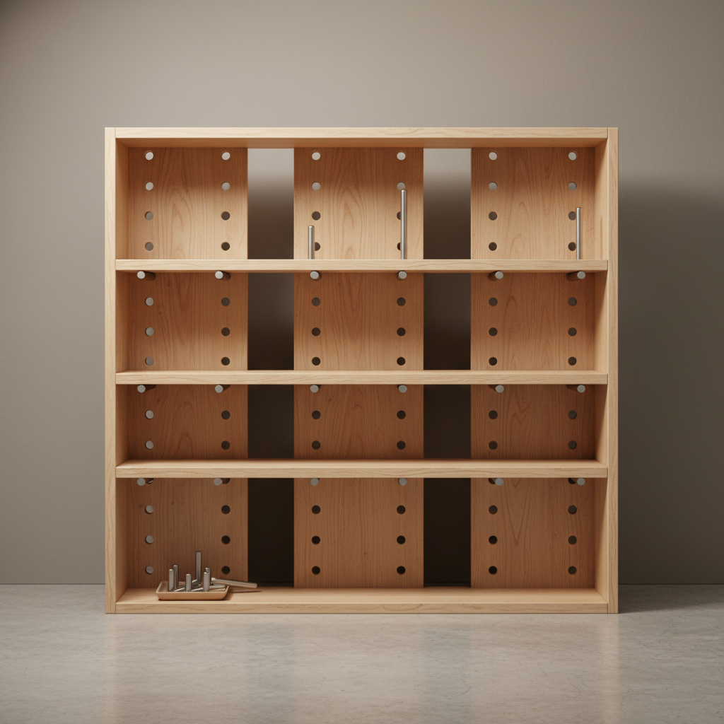 Modular wooden closet system with adjustable shelving sections
