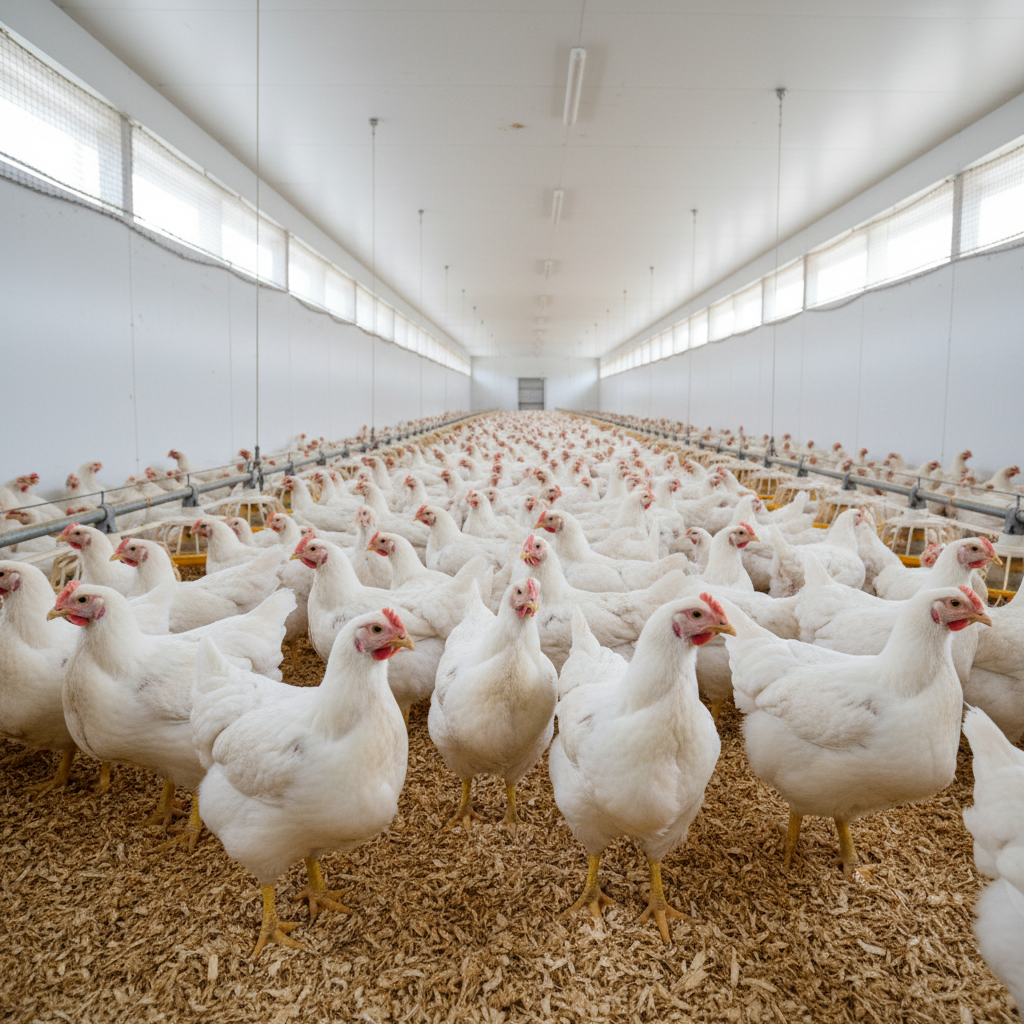 Large poultry farm with rows of healthy broiler chickens in a well-lit housing facility