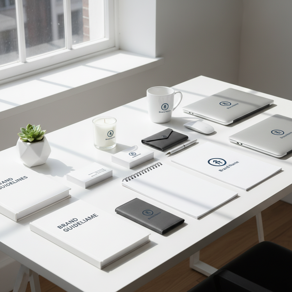 Overhead view of documents and pen on clean white desk, bright natural office lighting