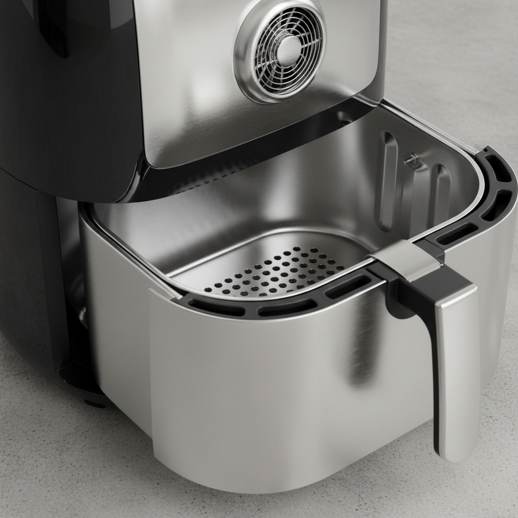 Black air fryer appliance on dark kitchen surface with dramatic directional studio lighting