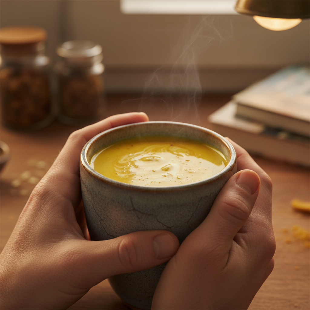 Hands cradling a ceramic mug of golden milk in warm evening kitchen light — hemp butter melting into turmeric oat milk
