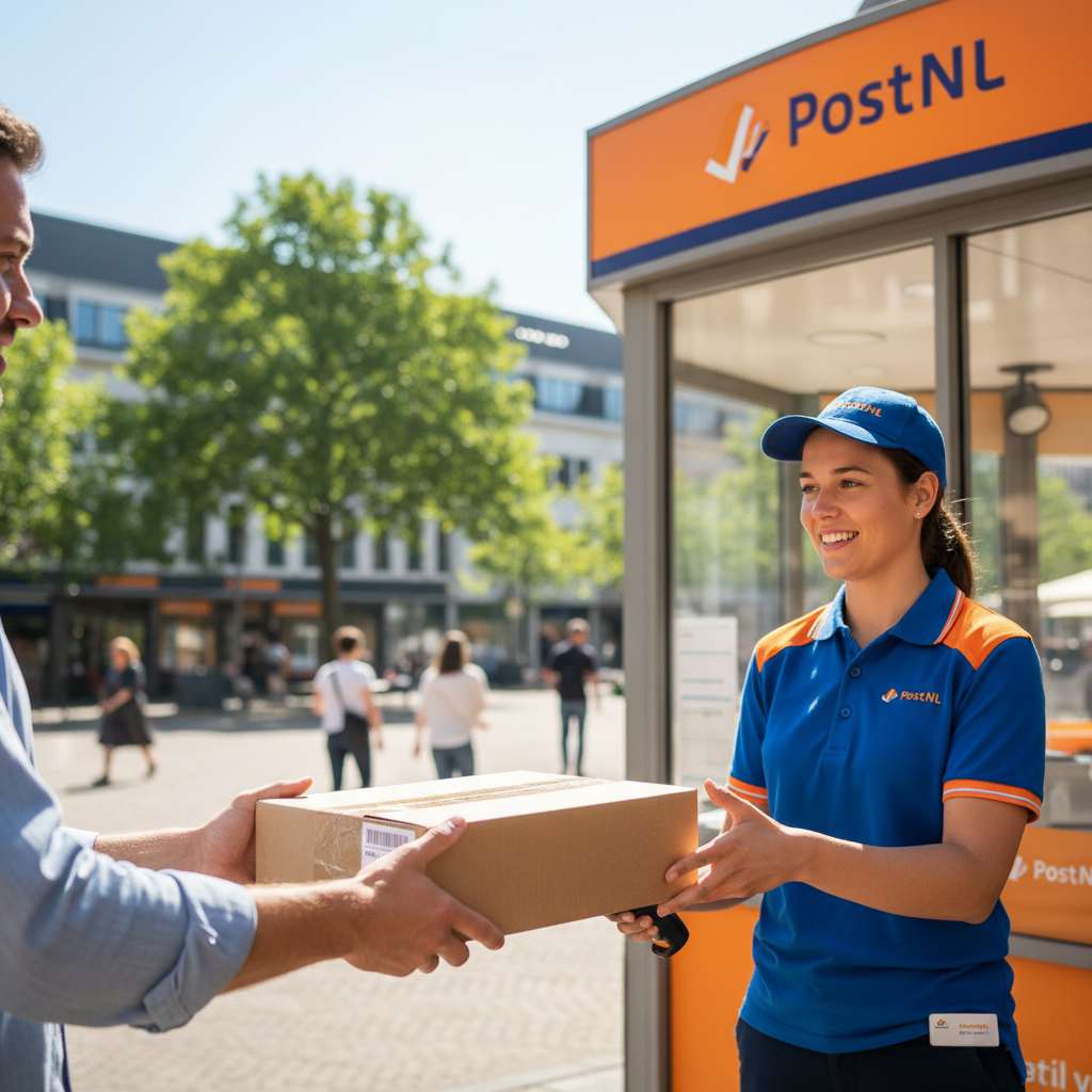 Persoon overhandigt pakket aan PostNL medewerker bij servicepunt — daglicht buiten