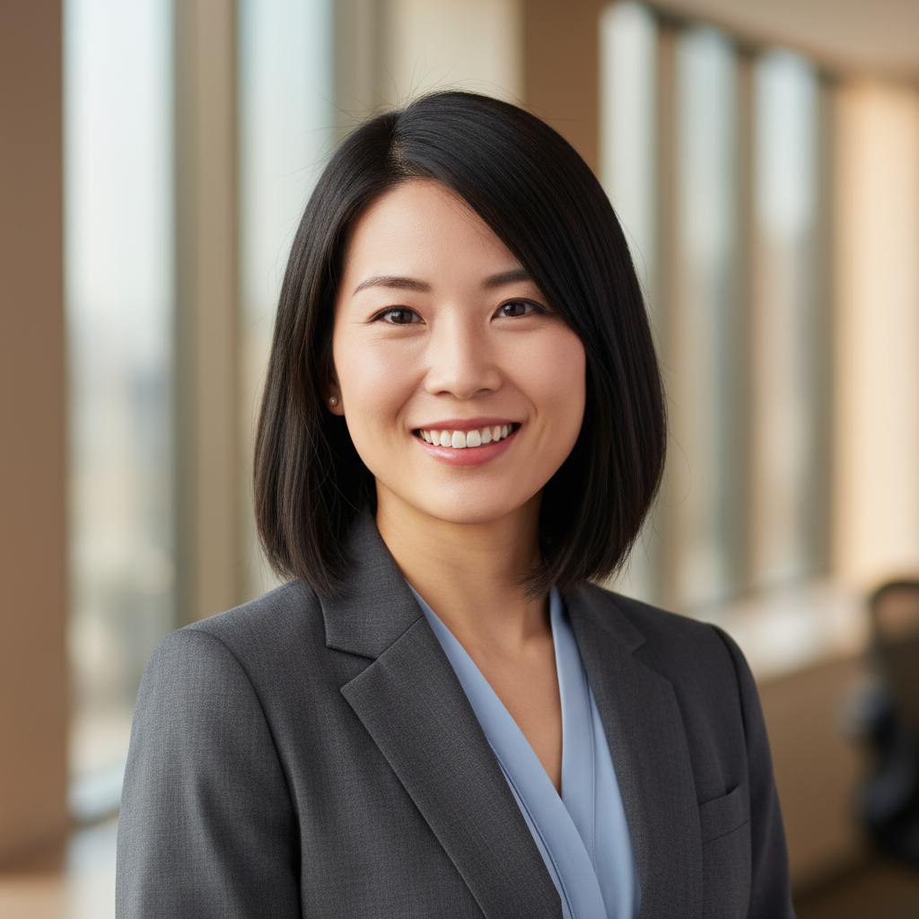 Professional headshot of Asian woman with long black hair smiling warmly