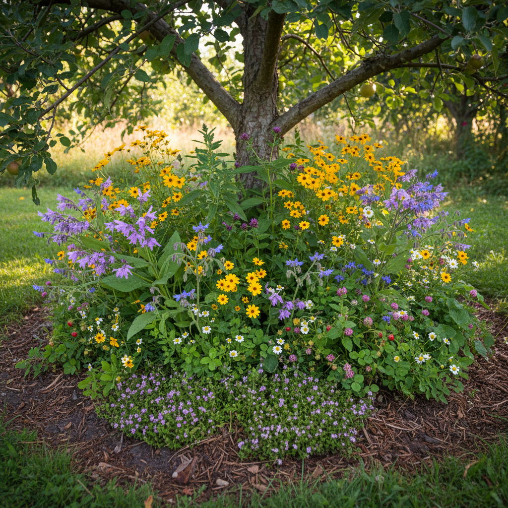 Dense polyculture guild planting around the base of an apple tree with diverse flowering plants and groundcover