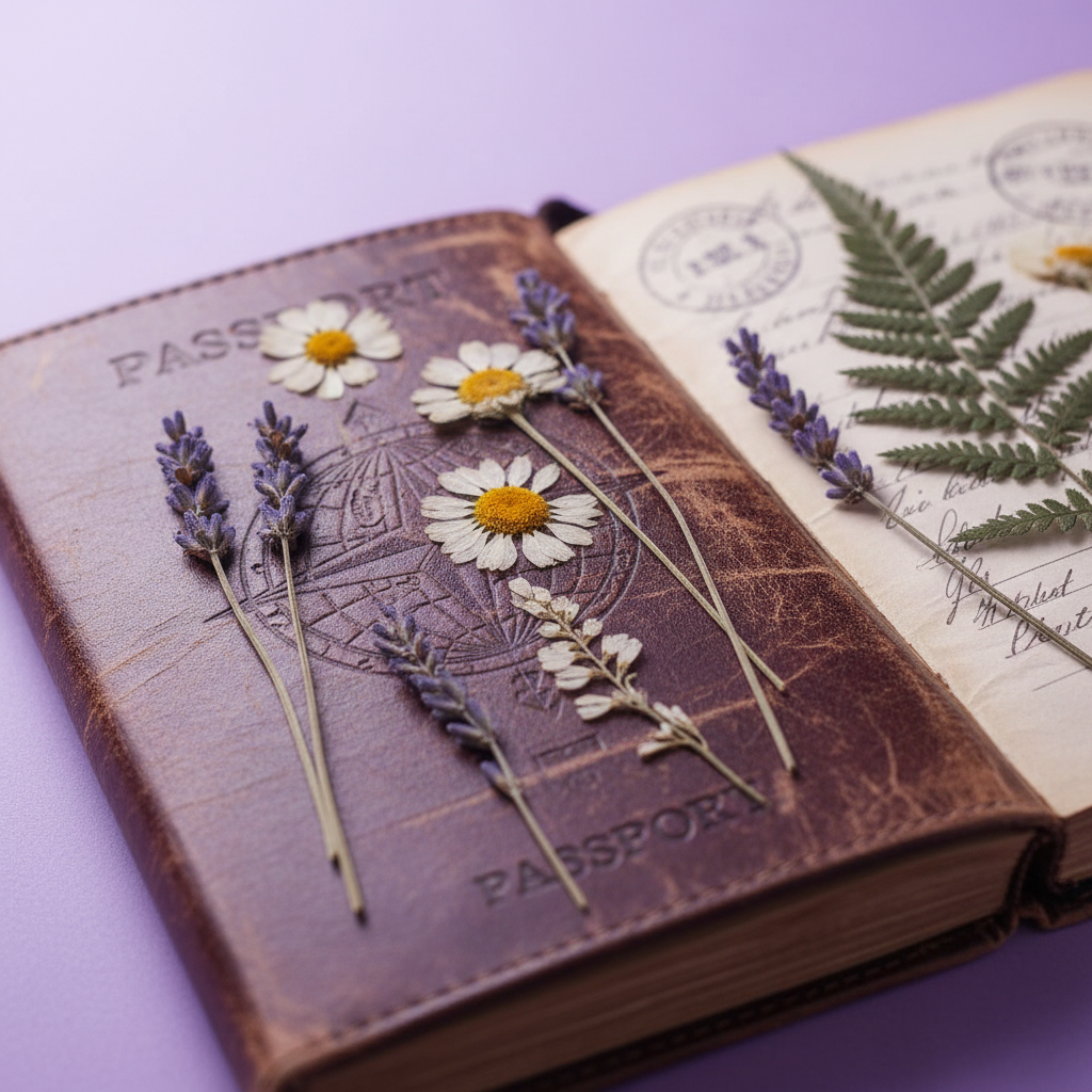 Dried wildflowers pressed between the pages of a weathered passport journal, shallow depth of field with lilac haze