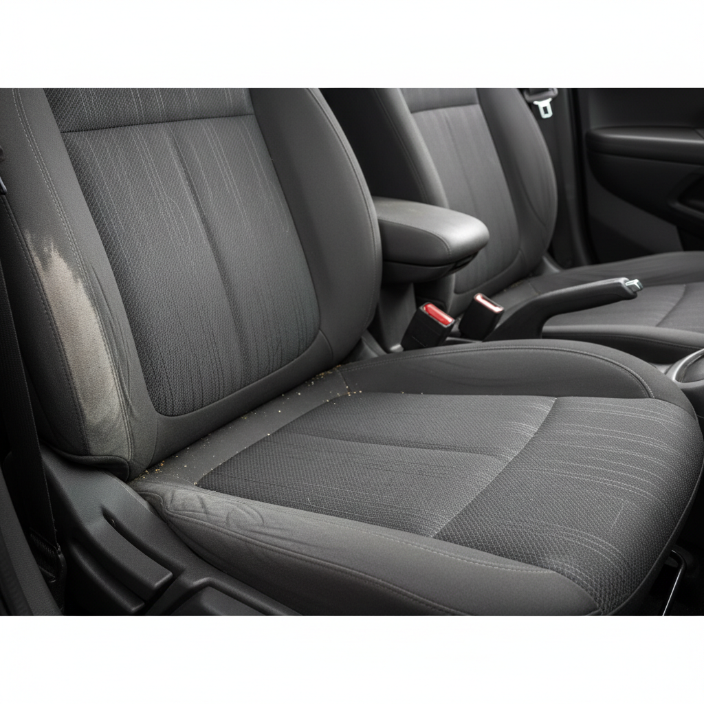 Dirty stained fabric car seat with visible dirt marks and food stains before chemical cleaning treatment