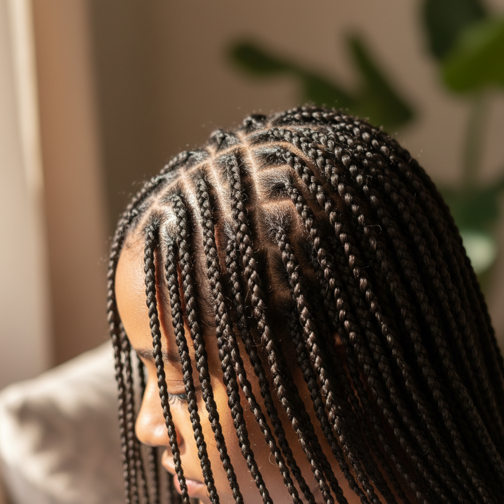 Black woman with neat box braids, dark moody background, dramatic side lighting, deep shadows