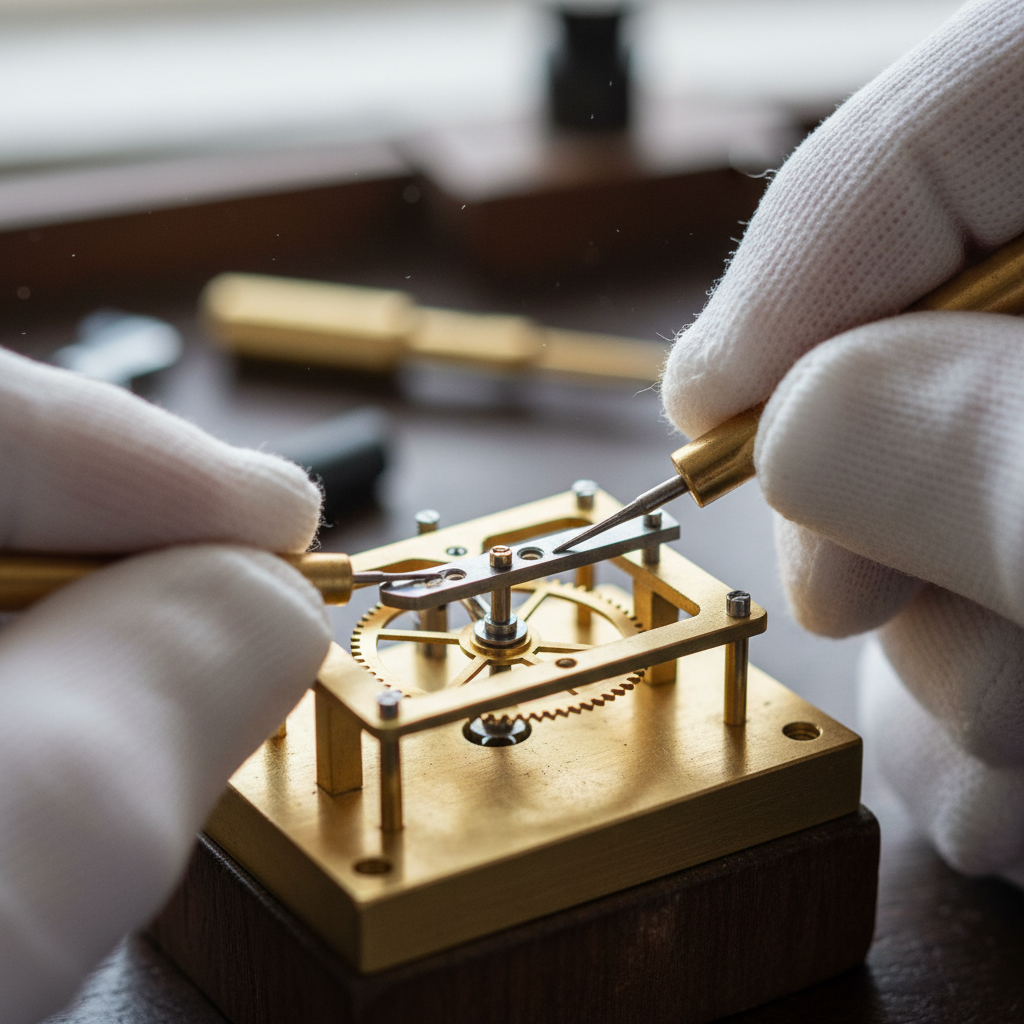 Escapement wheel macro, gold lever fork, dim workshop light, extreme close-up