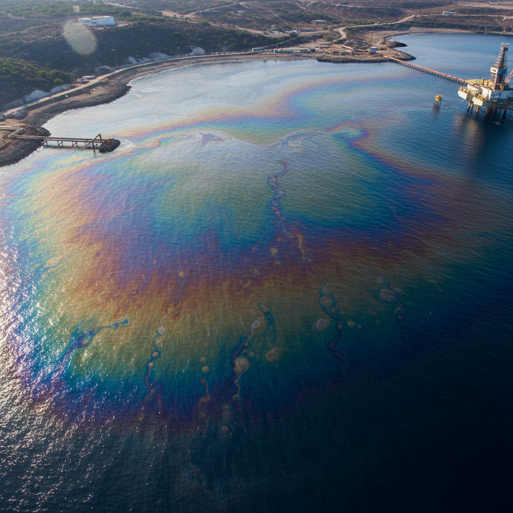 Oil-contaminated water surface with rainbow sheen showing industrial petroleum pollution