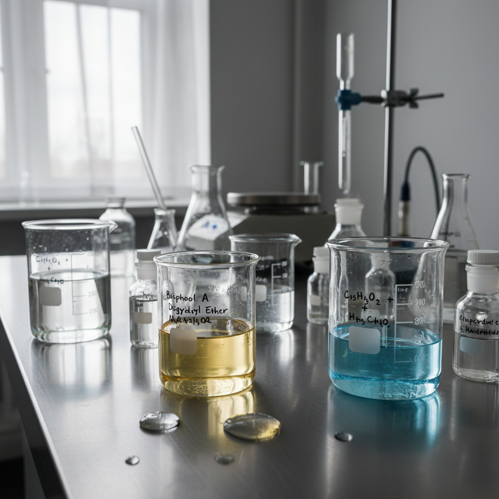 Laboratory beakers with epoxy resin components and chemical formulas