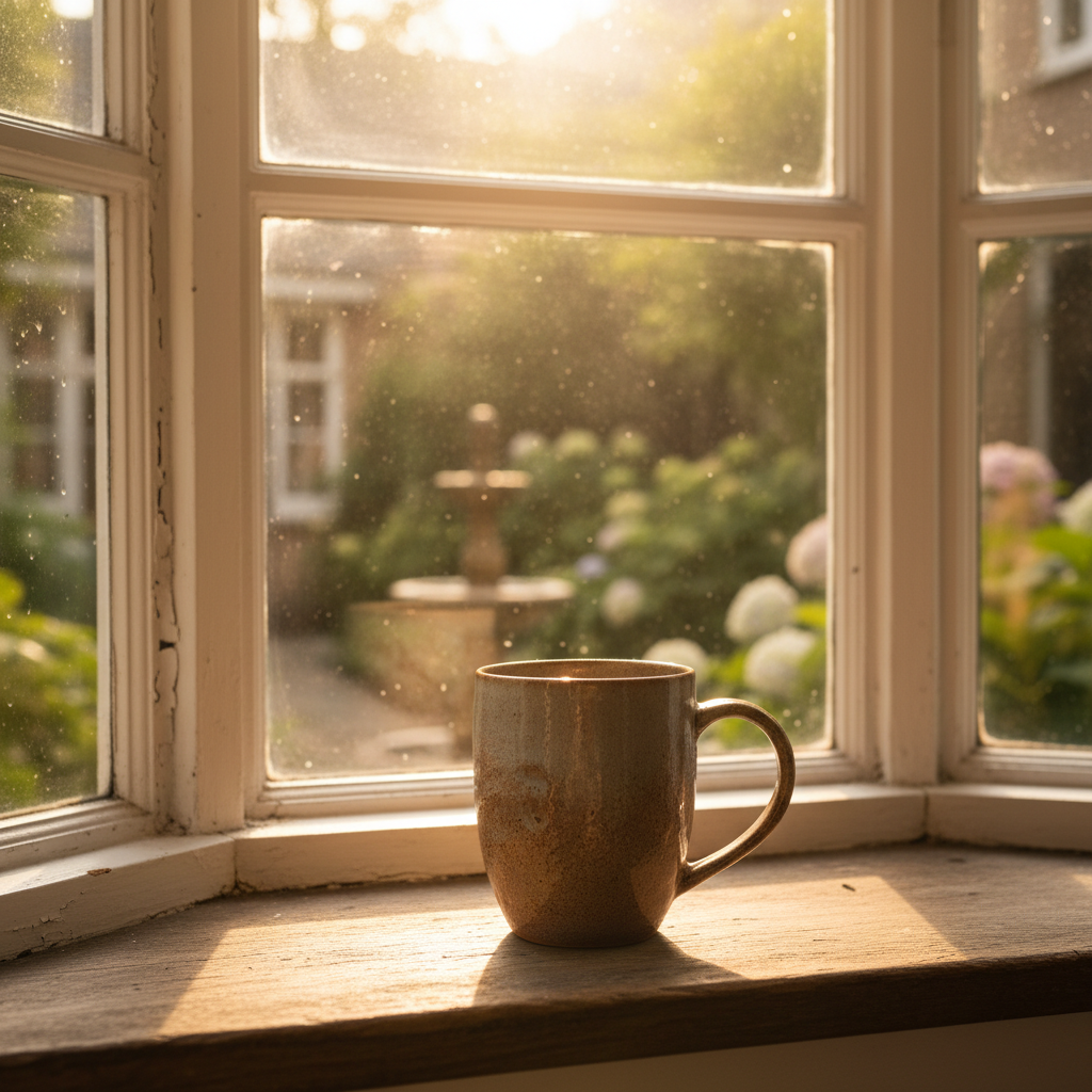 Morning light streaming through a bay window, a ceramic mug resting on the sill with a blurred courtyard garden beyond the glass