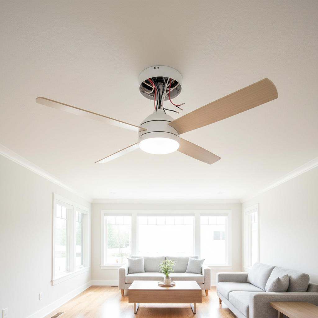 White modern ceiling fan with wooden blades spinning in bright airy living room with natural light