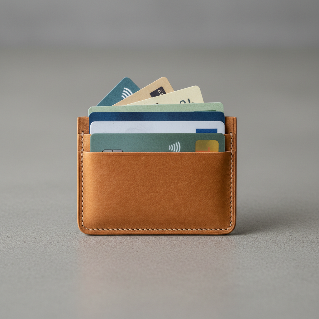 Slim leather passport holder in tan on white surface, bright clean light