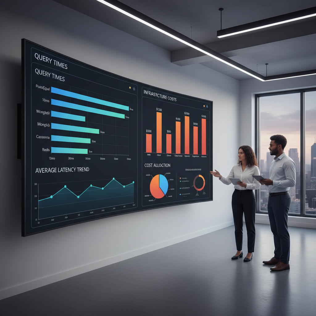 Dashboard de analytics con gráficos de barras comparando tiempos de consulta y costos de infraestructura