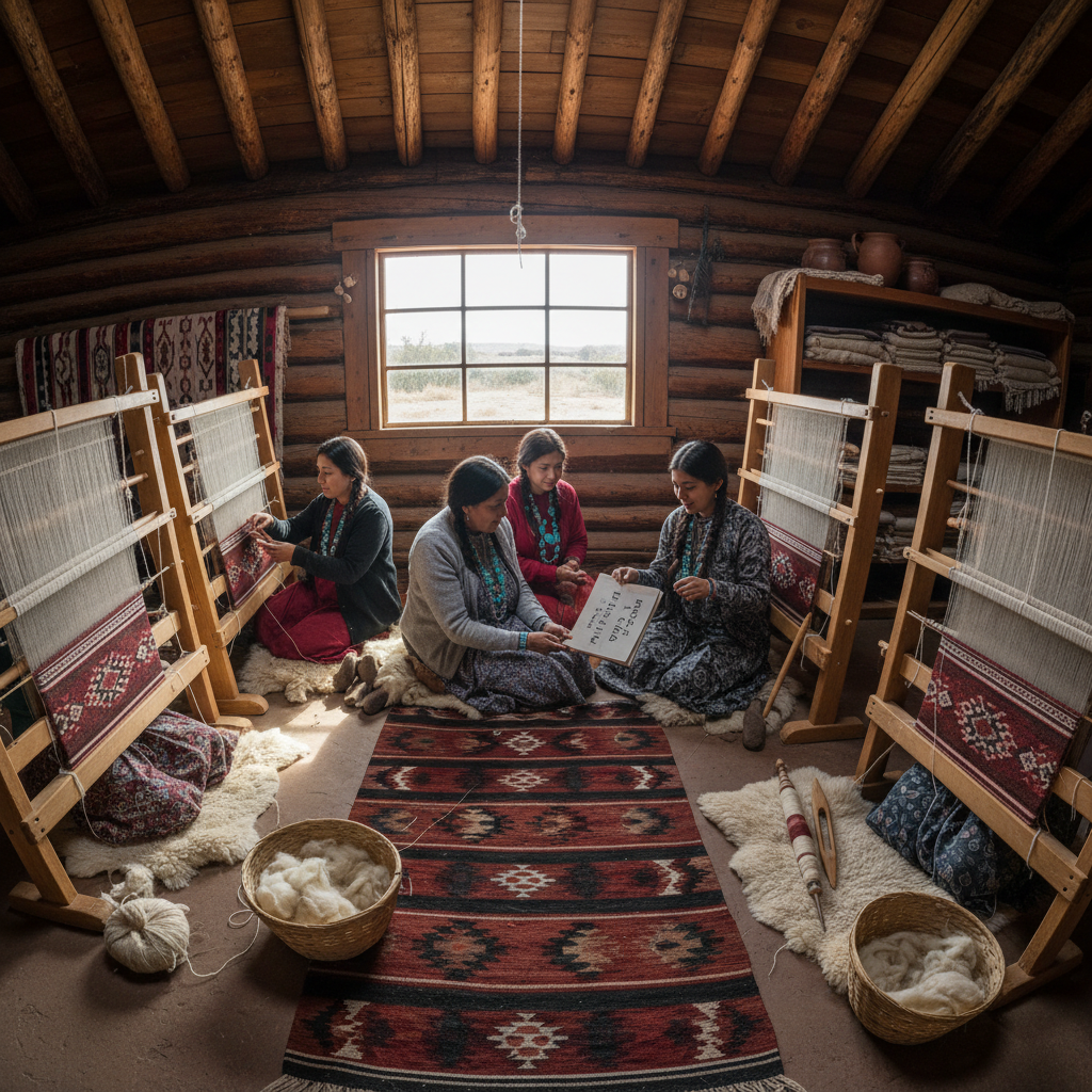 Diné weavers working on traditional patterns while discussing language preservation