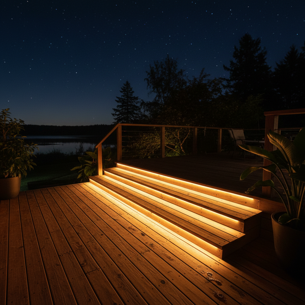 Deck with recessed stair riser lighting glowing warm amber at night