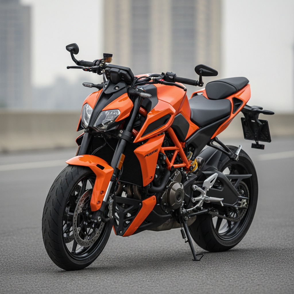 Aggressive sport motorcycle with aerodynamic fairing, bright orange accent on dark body, low riding position, track-ready stance