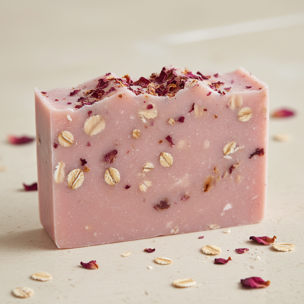 Pink floral soap bars with rose petals on light background