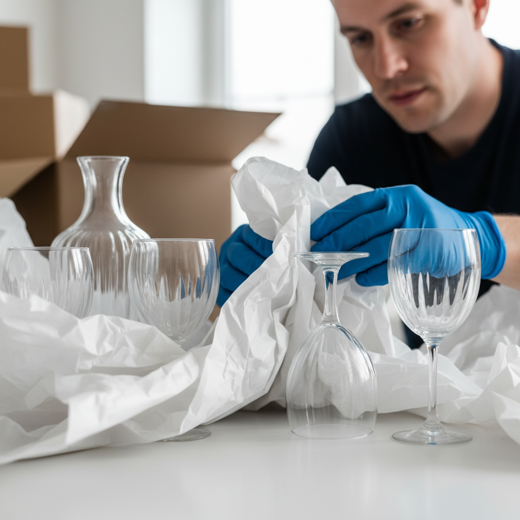Professional mover carefully wrapping fragile items in protective paper in a bright kitchen