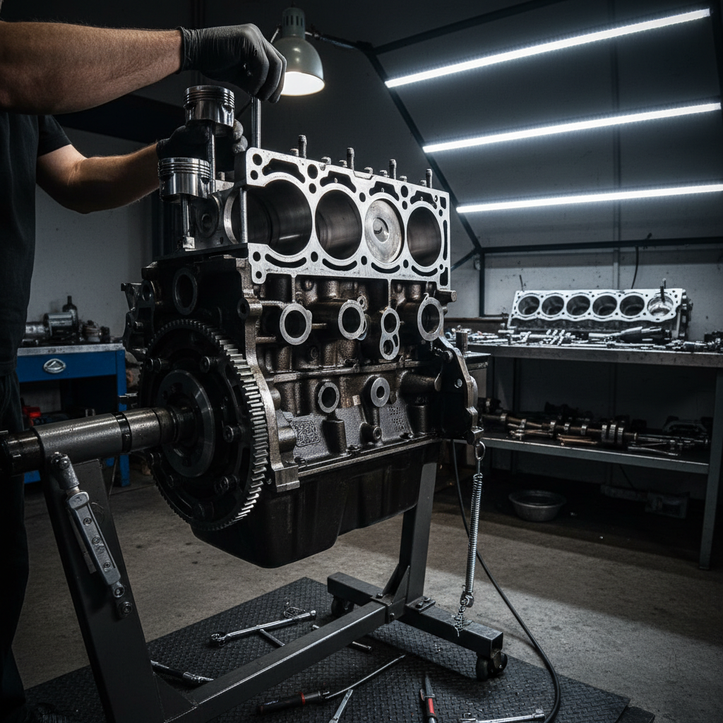 Engine block being machined and overhauled in professional automotive shop, precision tools, clean environment