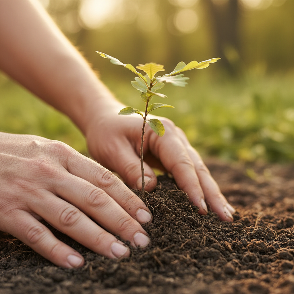 Hands pressing soil around specimen oak