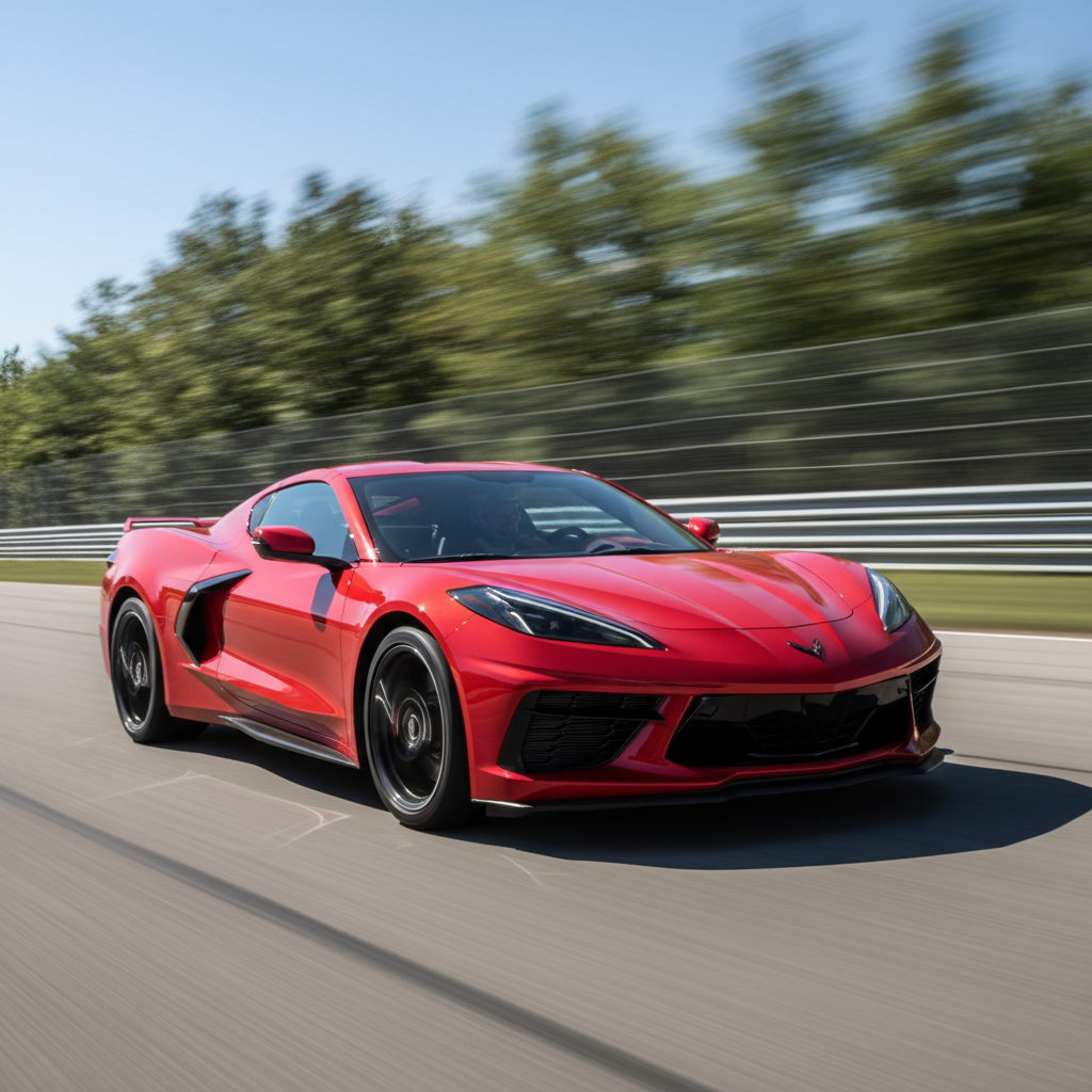Red Chevrolet Corvette Z06 C8 on a racetrack with motion blur background showing speed and precision
